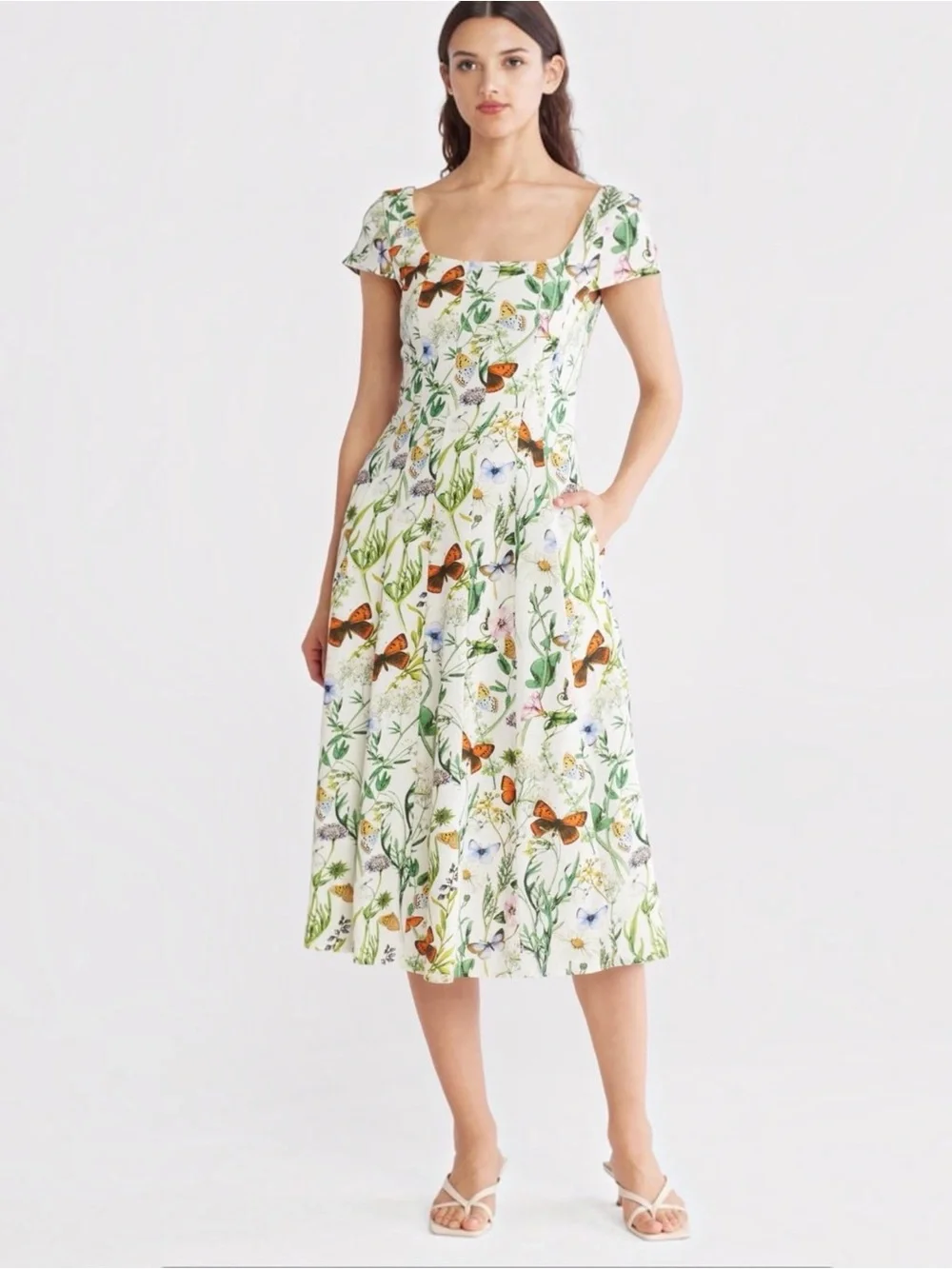 Avec Les Filles Women’s Floral Butterfly Print Linen Blend Fit-Flare Midi Dress_2